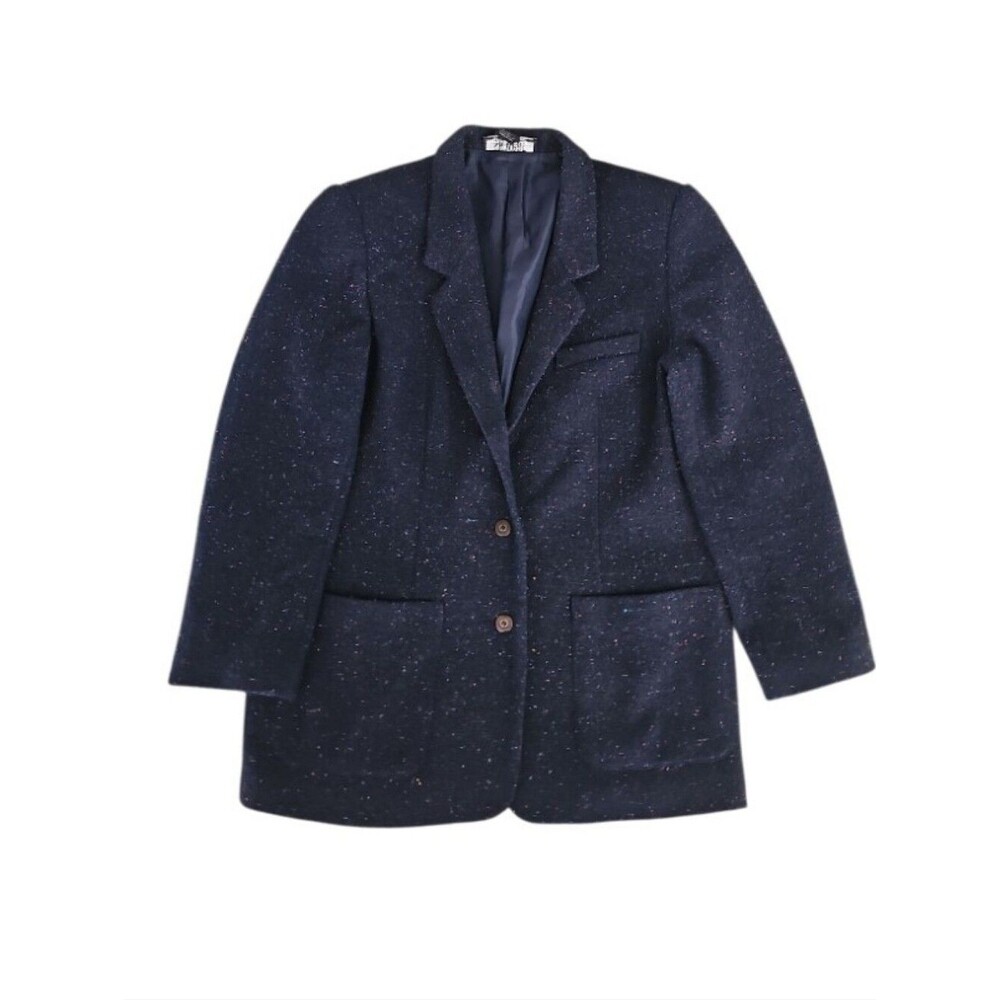 Vintage Wool Tweed Blazer Women 14 Navy Multicolor Speckled Academia SK Wear